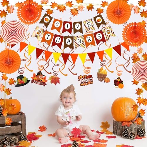 Fecedy Give Thanks Pumpkin Maple leaf Paper Banner Triangle Flag Bunting Maple Leaf Hanging Garland Paper Fan Flower Swirl Streamers for Thanksgiving Day Party Decoration