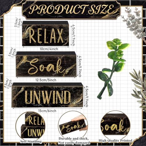 Moucuny 4 Pcs Black Gold Bathroom Signs Relax Soak Unwind Wooden