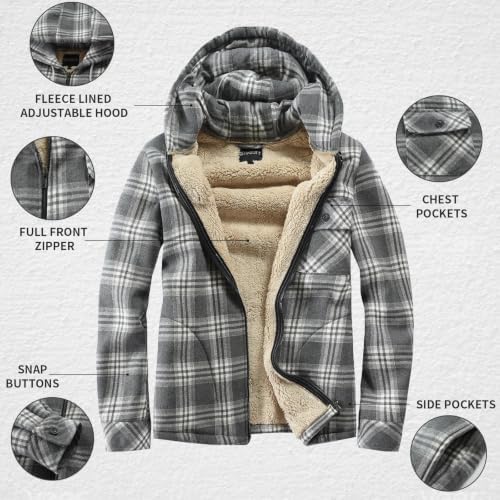Elesuit Men's Full Zip Fleece Flannel Jacket Shirt Plaid Cotton Hoodie Coat
