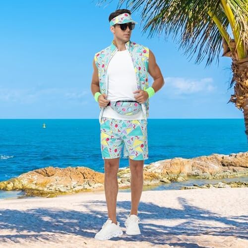 80s Outfit for Men, Neon Retro Workout Costume Set with Accessories