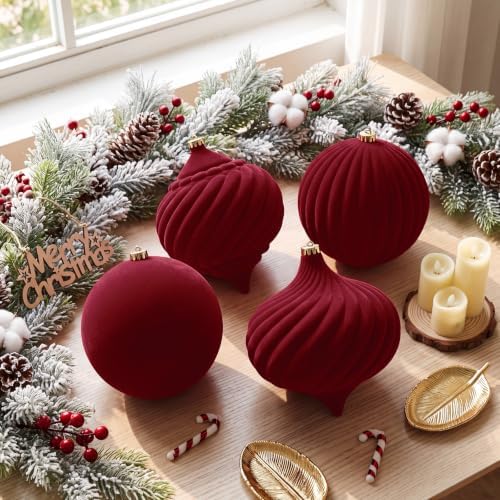 Civaner 4 Pcs Large Velvet Christmas Ball,8 Inch,Burgundy