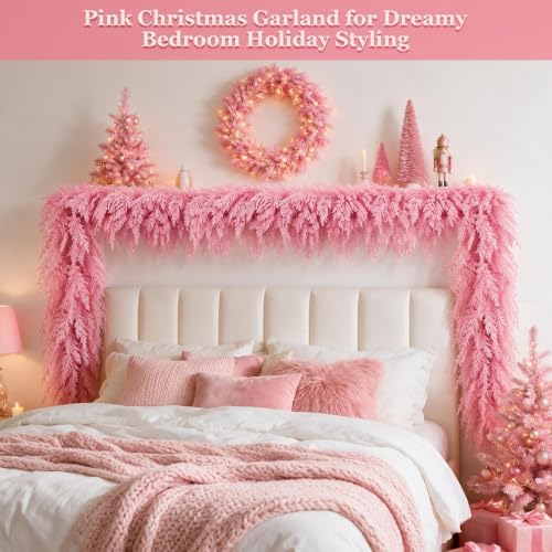12FT Pink Christmas Cedar Garland, Realistic Artificial Garland, Soft Pastel Xmas Decorations Indoor Outdoor, Faux Holiday Garland for Mantle, Fireplace, Table, Door, Wedding Party Decor
