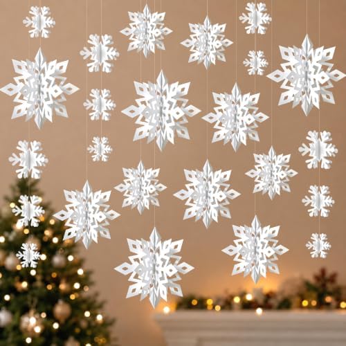 Snowflake Decorations, Paper Christmas Hanging Decor Indoor, White, 14-Pc