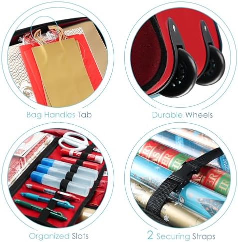 Hearth & Harbor Wrapping Paper Storage Container with Ribbon Dispenser and Interior Pockets - Large Christmas Storage Containers with Wheels, Fits 30 Rolls of 40" Length, Red