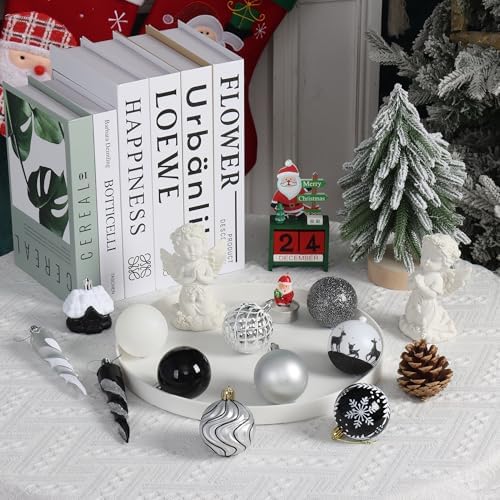 124Ct Black White and Silver Halloween Christmas Ornaments Set, Elegant Shatterproof Assorted Christmas Tree Decorations Snowflake Icicle House Ball Ornaments Baubles for Holiday (Black White Silver)