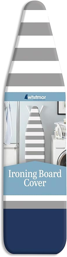 Whitmor Reversible Ironing Board Cover and Pad 54.0x15.0, Gray Blue | Reversible cover, 9mm fiber pad, heavy-Duty Stretch Cord, scorch-resistant finish, striped pattern.