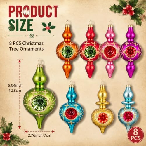 Soulchen 8 Pcs Vintage Glass Christmas Ornament with Reflector for Tree