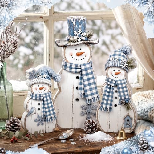 Barydat 3 Pcs Blue Snowman Table Decoration Winter Christmas Indoor Decor