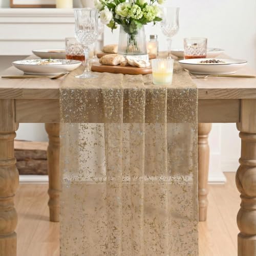 Artoid Mode 6PC Coffee Gold Gauze Table Runner 120 Inch 10FT, Glitter Metallic Foil Sheer Dining Wedding Anniversary Holiday Birthday Table Decor for Home Party