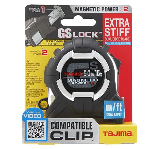 TAJIMA Tape Measure - 16ft/5m x 1in GS-Lock Measuring Tape with Dual Magnetic Power & Compatible Clip - GS-SC16/5MBW