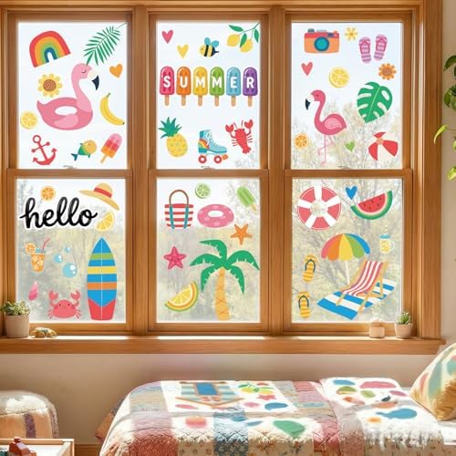 Summer Window Clings for Glass Windows Decor, Beach Window Decals for Kids