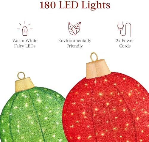 Best Choice Products 2pc Lighted Pop-Up Outdoor Christmas Ornament Set, Holiday Ball Decoration w/ 180 LED Lights, 8 Light Functions - Red/Green