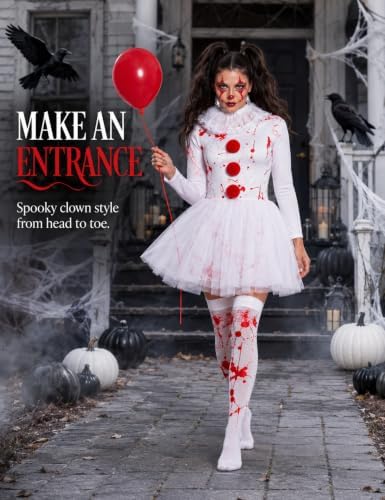 Women Halloween Scary Clown Costume with Bloody Tutu Dress and Face Gems