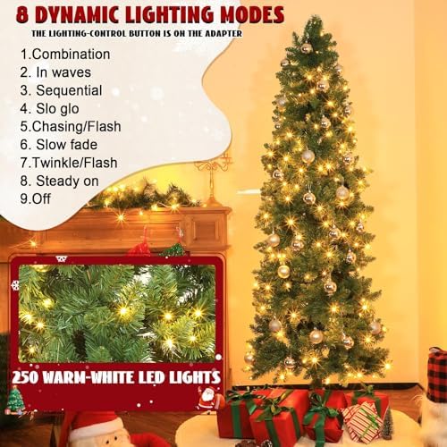 41 Pcs 7 Ft Artificial Slim Christmas Tree with 250 LED Warm White String Lights 40 Silver Ball Ornaments Skinny Thin Pencil Tree with Metal Stand for Home Xmas Holiday Party Decoration