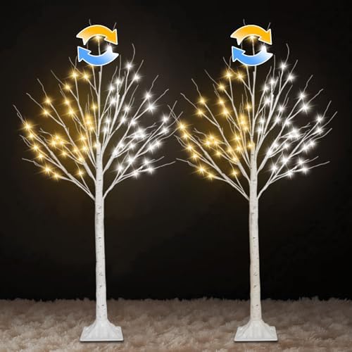 2 Pack 4FT Lighted Birch Trees, Warm White to Cool White Color Changing