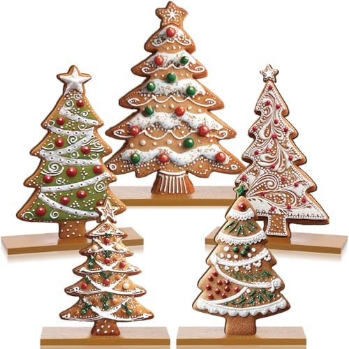 RattanView 5 Pcs Gingerbread Christmas Table Decorations Wooden Gingerbread Tree Decor Christmas Centerpiece Ginger Bread Village Decoration Winter Tiered Tray Decor with Base for Xmas Home Kitchen