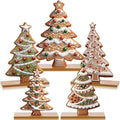 RattanView 5 Pcs Gingerbread Christmas Table Decorations Wooden Gingerbread Tree Decor Christmas Centerpiece Ginger Bread Village Decoration Winter Tiered Tray Decor with Base for Xmas Home Kitchen