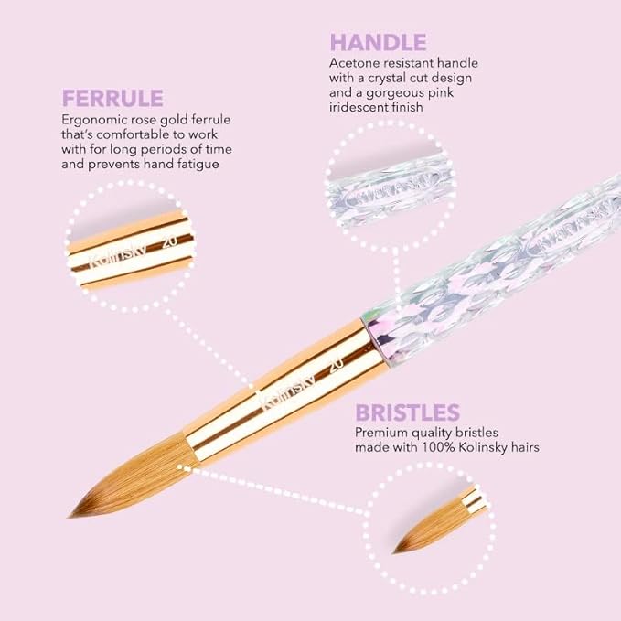 Kiara Sky Kolinsky Acrylic Nail Brush #18 – Pure Kolinsky Sable Hair, Iridescent Crystal Handle, Acetone Resistant, for Acrylic Application, Extensions & 3D Nail Art