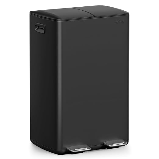 mVm Dual Trash Can, 16 Gal(2x8 Gal) Black Dual Compartment Kitchen Trash Can, Brushed Stainless Steel Garbage Recycling Bin for Home Office