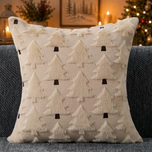 Allorry Christmas Pillow Covers 20x20 inch Set of 2 Christmas Decorations Soft Plush Faux Fur Wool Beige Christmas Tree Throw Pillow Cases Winter Holiday Decor for Sofa Living Room PT-012R20