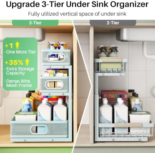 Under Sink Organizer, 2-Pack 3-Tier Height Adjustable Thickened Metal Pull out Cabinet Organizer Shelf, Slide out Storage Drawer Rack for Bathroom Kitchen Pantry Home Organization, LightBlue