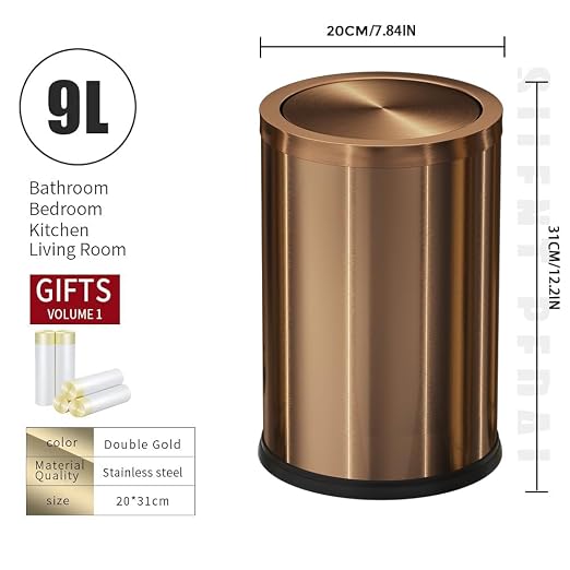 Antique Brass Bathroom Trash can with lid，Stainless Steel,Small Grabage Can with Flipping Lid, 9L/2.4Gal for Living Room,Bedroom,Guest Room,Hotel (Rose Gold)
