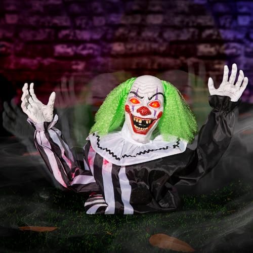 Halloween Animatronics Clown Decorations Outdoor, Animated Groundbreaker Clown Scary Talking Clowns with Sound & Motion Activated, Lighted Eyes, Creepy Sound, Movable Arms for Graveyard Haunted House