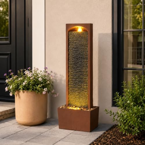 Teamson Home 38.5" Faux Slate Outdoor LED Waterfall Fountain, Red Rock