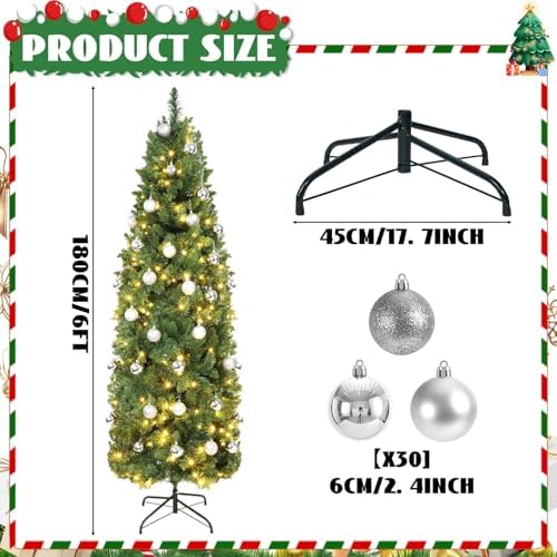 31 Pcs 6 Ft Artificial Slim Christmas Tree with 200 LED Warm White String Lights 30 Silver Ball Ornaments Skinny Thin Pencil Tree with Metal Stand for Home Xmas Holiday Party Decoration