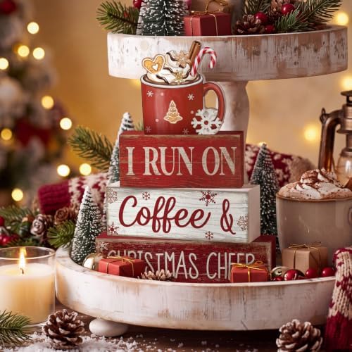Lineshading 4 Pcs Christmas Coffee Table Decor Hot Chocolate Cocoa Wooden Stacked Sign Rustic Christmas Tiered Tray Decor Cocoa Centerpiece Block Signs Gift Xmas Decoration for Home Coffee Bar Kitchen