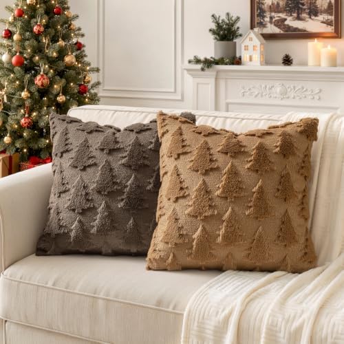 MIULEE Christmas Throw Pillow Covers Brown Christmas Decorations Set of 2 Xmas Tree 18x18 Pillow Covers Soft Plush Faux Wool Pillowcases Holiday Festivals Winter Home Decor Sofa Couch Bed Porch