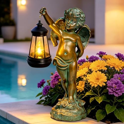 Solar Angel Garden Statues, Outdoor Angel Solar Hanging Lights Waterproof, Birthday Gifts for Mom Women Mother's Day, Cupid Boy Garden Figurines for Yard Decor Patio Porch Lawn Ornaments