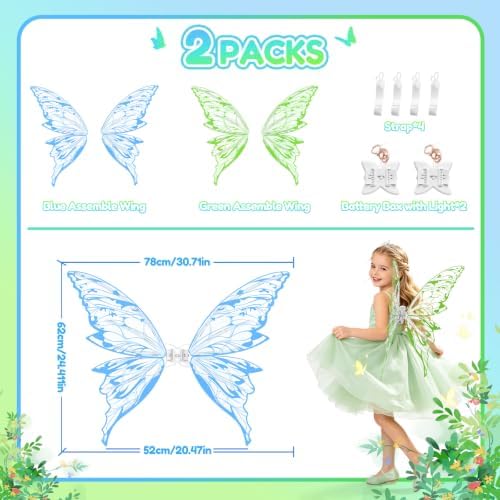 Light Up Fairy Wings for Girls, 2 Packs Electric LED Butterfly Wings Fairy Costume, Fairy Wings Kids Dress Up Toys, 3 Wearing Styles Pretend Play Toys for Halloween Christmas Birthday Gifts Ages 3+