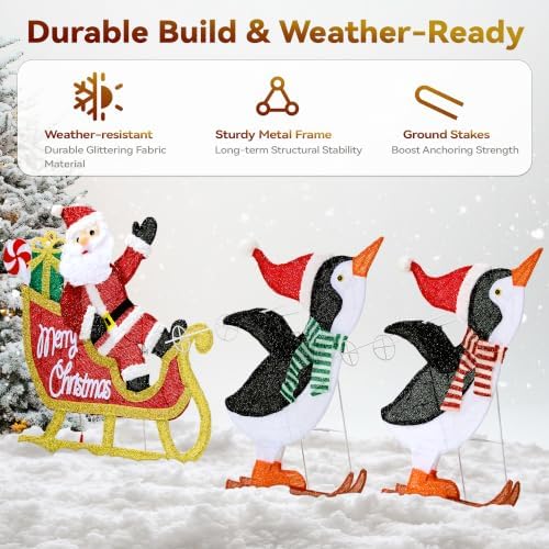 Penguin Sleigh Santa Outdoor Christmas Decoration with Timer&Remote Control