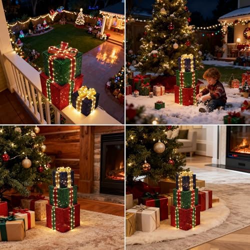 Set of 3 Christmas Lighted Gift Boxes - Warm White 160 LEDs Outdoor Decor