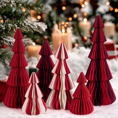 SUNBEAUTY 6 PCS Honeycomb Paper Christmas Tree Red White Paper Christmas Tree Decor 3D Honeycomb Trees Table Centerpiece Vintage Reusable Table Decor for Xmas Holiday Home Party Decorations