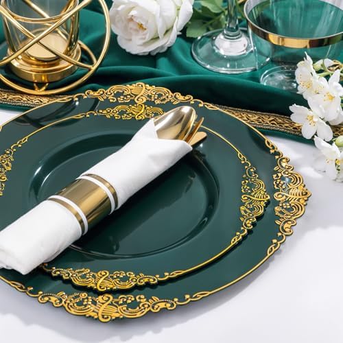 Nervure 175Pcs Green Plastic Plates, Disposable Party Plates for 25 Guests