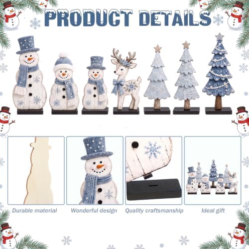 7 Pcs Christmas Table Decor Wooden Snowman Tree Deer Decor, Bule