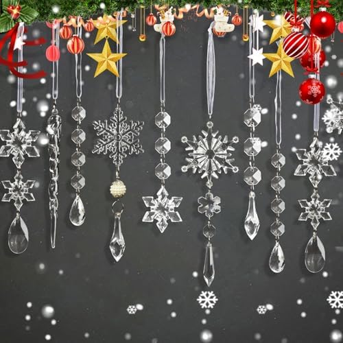 Crystal Christmas Tree Ornaments, Clear Acrylic Snowflake & Icicle, 48pcs