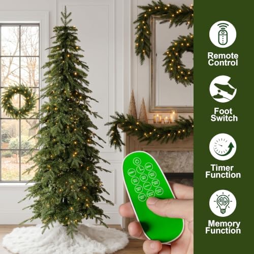 Glitzhome Prelit Christmas Tree, 7.5ft Pencil Artificial Christmas Tree with 350 Warm White & Multi-Color LED Lights, Chicago Evergreen Spruce with 1,498 PE/PVC Tips for Home Holiday Décor