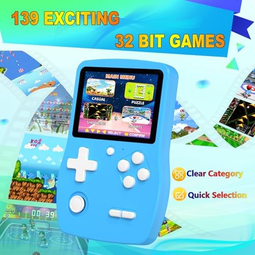 32 Bit Handheld Games for Kids Preloaded 139 Retro Video Games, Blue