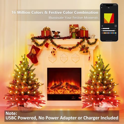 Brizled Smart Mini Christmas Tree, 22.8in DIY Smart-Lit Tabletop Tree with 75 LED RGB Lights, App/Voice Control 159+ Scenes Mini Xmas Tree USB C Music Small Tree Work with PD Power for Fireplace Desk