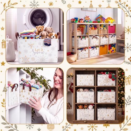 CHENGU 6 Pack Christmas Storage Basket Collapsible Christmas Wishes Basket for Gifts Holiday Decor Let It Snow Sign Large Gold Bin Foldable Xmas Tree Box with Handle for Bedroom Office Home