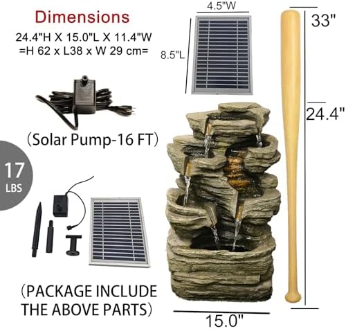 Bumilgar 6-Tier Solar Powered Water Fountain Outdoor Waterfall 24.4 in