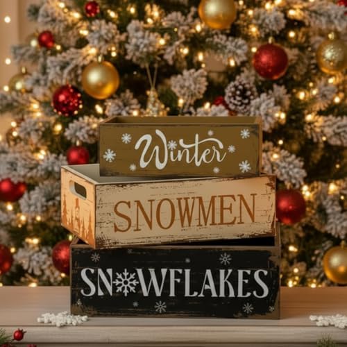 3 Pcs Christmas Wooden Crate Beige Snowman Snowflakes Holiday Box