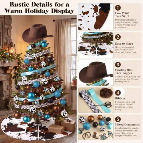 Seenelling Western Cowboy Christmas Tree Ornaments Set – 81 Pcs Rustic Cow Print Decorations with Cowboy Hat Topper Cow Print Balls Ornaments Horseshoes Tree Skirt Ribbons for Xmas Holiday Decor