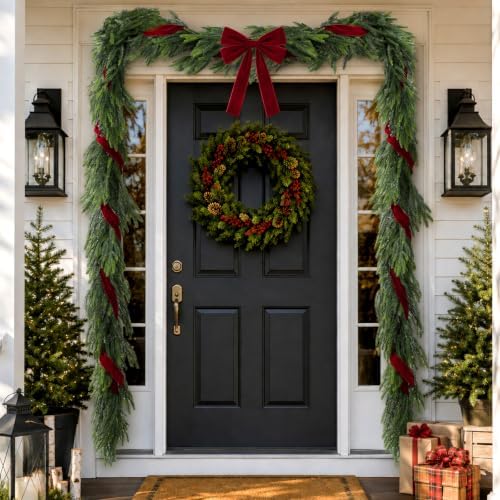 Christmas Decor - 6FT Norfolk Pine Garland with Ribbon Bows Red Velvet