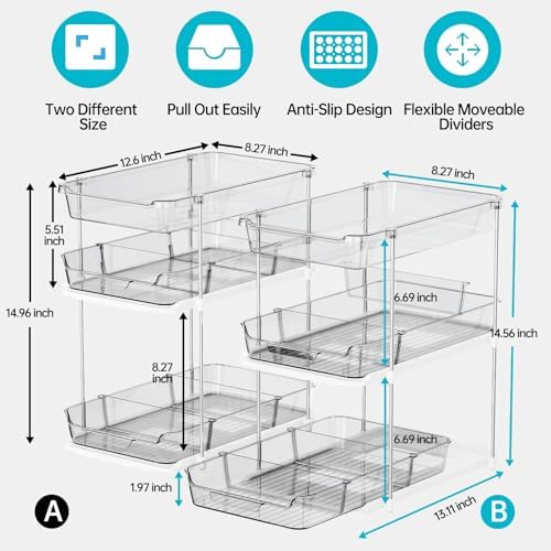 Delamu 2 Pack 3-Tier Bathroom Under Sink Organizers and Storage, Multi-Purpose Stackable Pantry Organization and Storage, Pull Out Clear Kitchen Bathroom Cabinet Organizer with Movable Dividers, Grey