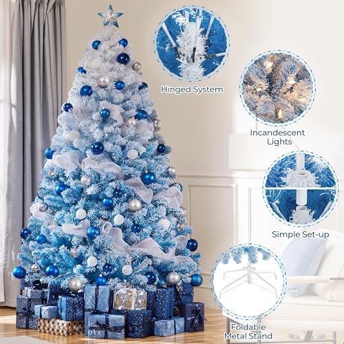 Yaheetech 7.5ft Prelit Flocked Christmas Tree, Blue & White, 550 Lights