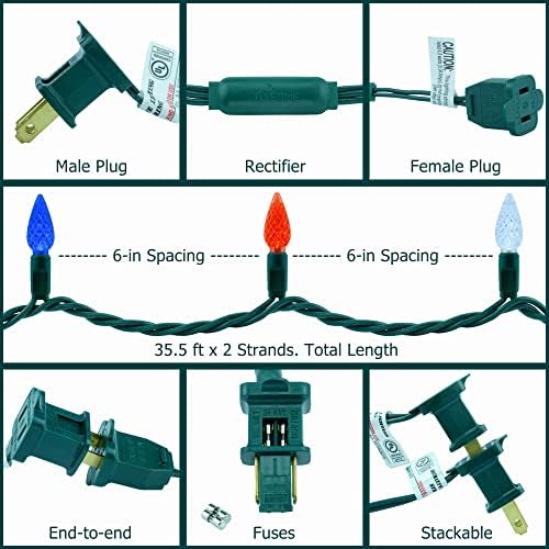 YULETIME 140 Red White Blue C6 Christmas Light, 2-Set 36ft 70 One-Piece LED